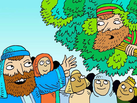 Jezus zatrzymał się pod drzewem i spojrzał w górę. „Zacheuszu, zejdź na dół – powiedział Jezus – dziś przyjdę do twojego domu”. – Slajd 5