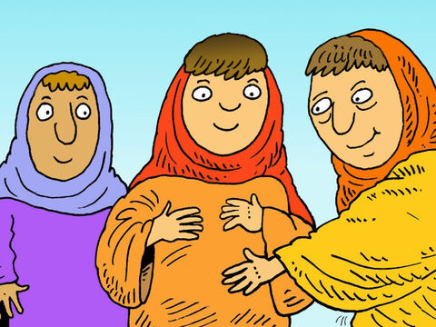 Kiedy Elżbieta była w szóstym miesiącu ciąży, odwiedziła ją jej kuzynka Maria. Gdy Maria wypowiedziała słowa powitania, dziecko w brzuchu Elżbiety  tak się ucieszyło, że zaczęło się poruszać. – Slajd 6