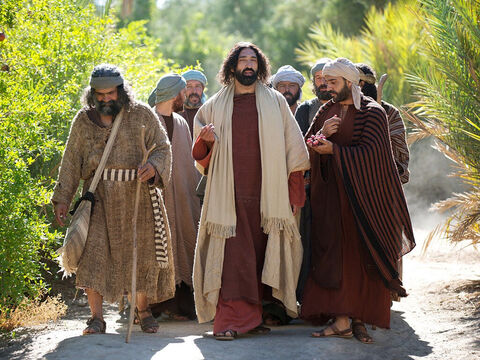 W okolicach Jerycha Jezus uzdrawia Bartymeusza, niewidomego żebraka. (Marka 10:46-52, Łukasza 18:35-43) – Slajd 1