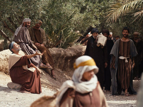 W okolicach Jerycha Jezus uzdrawia Bartymeusza, niewidomego żebraka. (Marka 10:46-52, Łukasza 18:35-43) – Slajd 3