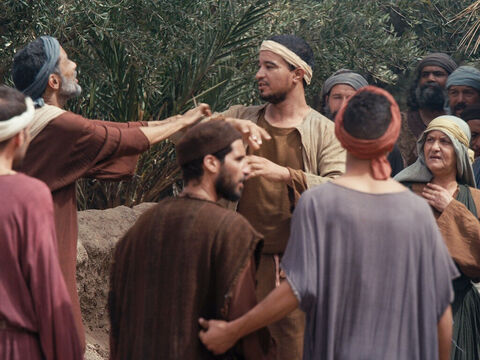 W okolicach Jerycha Jezus uzdrawia Bartymeusza, niewidomego żebraka. (Marka 10:46-52, Łukasza 18:35-43) – Slajd 4