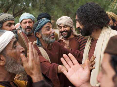 W okolicach Jerycha Jezus uzdrawia Bartymeusza, niewidomego żebraka. (Marka 10:46-52, Łukasza 18:35-43) – Slajd 14
