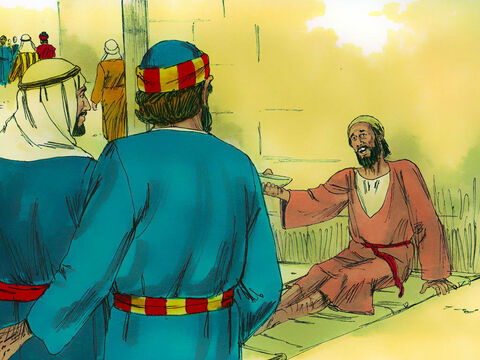 Kiedy chromy zobaczył Piotra i Jana wchodzących do świątyni, poprosił ich o pieniądze. <br/> – Slajd 2