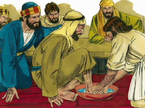 Kiedy przybył tam Jezus ze swoimi uczniami, nie było sługi, który mógłby im umyć nogi. Wtedy Jezus nalał wody do misy i zaczął myć nogi swoim uczniom i wycierać je ręcznikiem. – Slajd 5