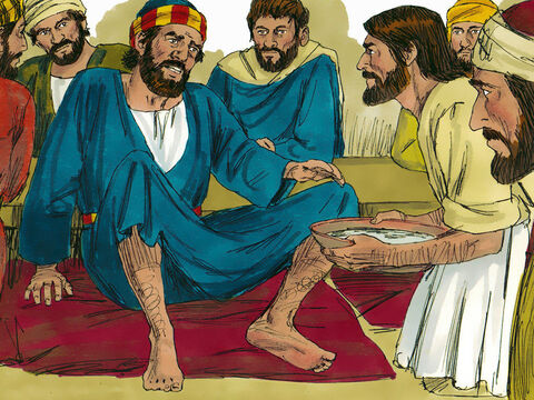 Gdy podszedł do Piotra, ten mu powiedział: „Panie, Ty miałbyś umyć moje nogi?”. A Jezus odpowiedział: „Teraz nie rozumiesz tego, co robię, ale pewnego dnia zrozumiesz”. „Nie! Nigdy nie będziesz mył mi nóg!” – zaprotestował Piotr. – Slajd 6