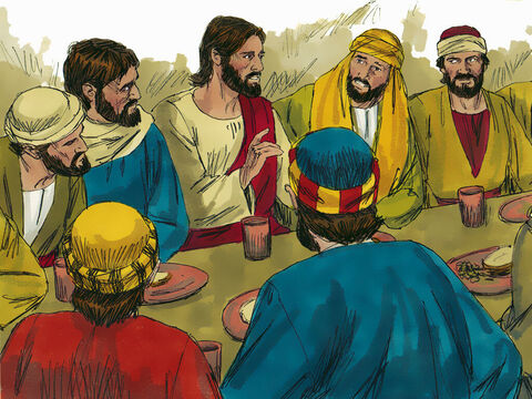 W czasie spożywania uroczystej kolacji wszyscy zasiedli do stołu, a wtedy Jezus powiedział: „Tak bardzo pragnąłem spożyć z wami tę kolację paschalną, zanim będę cierpiał”. – Slajd 8