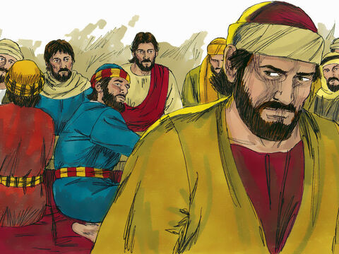 Wtedy Jezus powiedział Judaszowi: „Nie zwlekaj z tym, co zamierzasz uczynić”. Judasz powstał i opuścił pokój. Inni zaś myśleli, że Jezus polecił mu przekazać coś biednym. – Slajd 12
