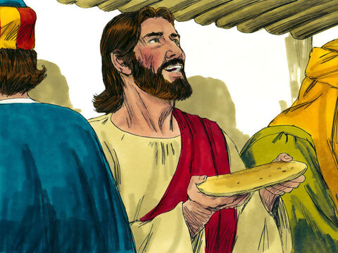 Podczas kolacji Jezus wziął do ręki chleb, podziękował za niego Bogu, łamał i dawał uczniom swoim mówiąc: „Weźcie i jedzcie, to jest ciało moje, które się za was daje. Czyńcie to na moją pamiątkę”. – Slajd 13