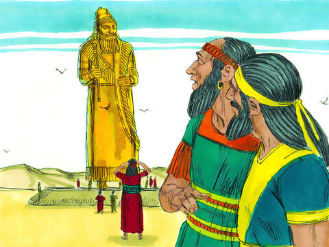 Król Nebukadnessar kazał zbudować posąg ze złota wysoki na 27 metrów i szeroki na  2,7 metra. Ustawił go na równinie Dura w Babilonii. Później wezwał wszystkich zarządców i urzędników na poświęcenie tego posągu. – Slajd 2