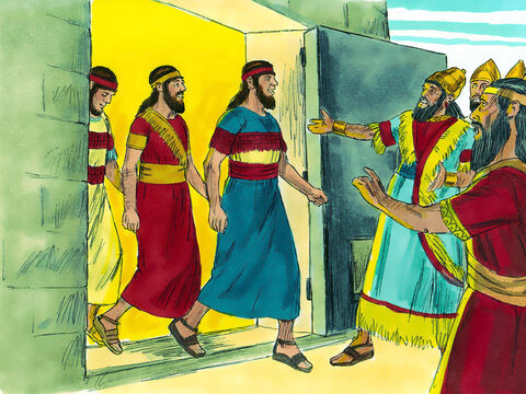 Nebukadnessar podszedł do drzwi rozpalonego pieca i zawołał: „Szadraku, Meszaku i Abed-Nego, słudzy Boga Najwyższego, wyjdźcie i przyjdźcie tutaj!”. Wtedy oni wyszli z płomieni. Wokół nich stłoczyli się satrapowie, namiestnicy, zwierzchnicy i doradcy króla. Wszyscy widzieli, że ogień nie tknął ich ciał, nie osmalił im włosów na głowach, nie zniszczył ich ubrań i nawet nie przeniknął ich jego zapach.<br/> – Slajd 10