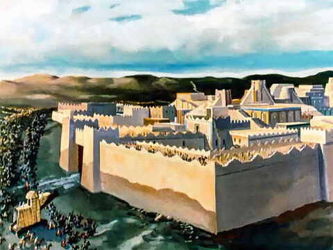 Za murami Babilonu znajdowała się potężna armia Medów i Persów pod wodzą Cyrusa, króla Persji. Belszassar tylko z nich drwił, nie bał się ich. „Czy mury Babilonu nie są wysokie na 92 metry i grube na 25 metrów? Cyrus nigdy nie zdoła podbić tego miasta” – myślał Belszassar. – Slajd 10