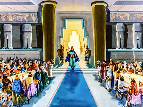 Gdy król wszedł do sali bankietowej, z tłumu rozległy się okrzyki: „O królu, żyj wiecznie!”. Ludzie wołali tak, bo byli przekonani, że wielkie imperium babilońskie nigdy się nie skończy. – Slajd 13