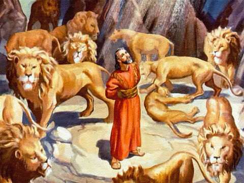 „Bóg mój posłał swego anioła i zamknął paszcze lwów. Nie wyrządziły mi krzywdy. Bóg uznał mnie za niewinnego przed Nim, a także przed tobą, królu”. – Slajd 38