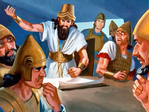 Król był wściekły, gdy ich plany raz po raz zawodziły. <br/>„W obozie jest zdrajca! Który z was zdradza Izraelowi nasze tajemnice?” – kapitanowie skulili się ze strachu, ale wtedy jeden z żołnierzy przypomniał sobie o Elizeuszu i jego mocy czynienia cudów. – Slajd 15