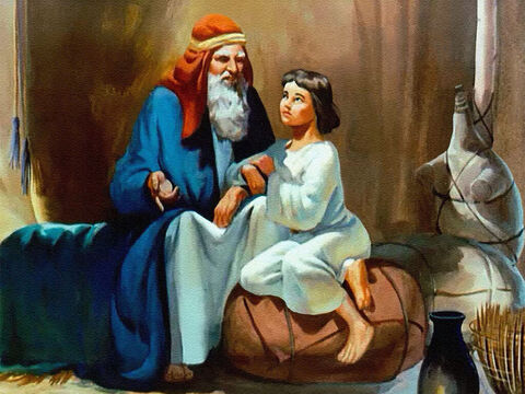 Józef uwielbiał słuchać o Bogu. Godzinami siedział na kolanach ojca i dowiadywał się, jak Bóg powołał jego pradziadka, Abrahama, by Mu służył i jak wybrał ich rodzinę do bardzo szczególnego zadania. – Slajd 3