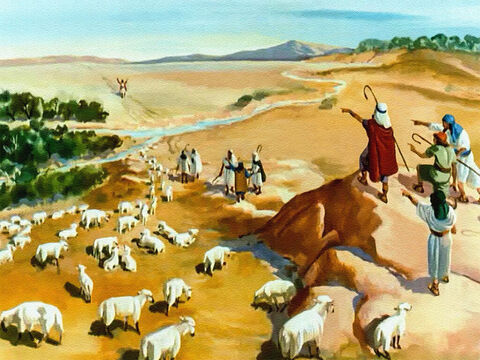 Pewnego dnia byli na wzgórzach i doglądali owiec swojego ojca, a w oddali zobaczyli Józefa. „Oto nadchodzi ten marzyciel. Teraz mamy szansę pozbyć się go na dobre!” – powiedzieli sobie. – Slajd 19