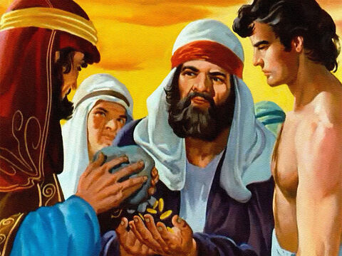Za dwadzieścia srebrników sprzedali go jako niewolnika. Teraz handlarze zabrali Józefa do dalekiego Egiptu. Bracia myśleli, że już nigdy więcej go nie zobaczą. – Slajd 27
