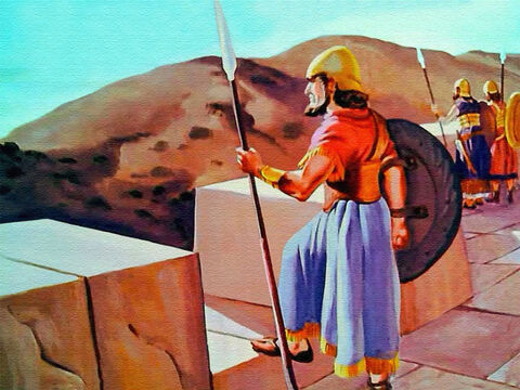 W pobliżu miasta Jerycho, Jozue spojrzał na mury – wysokie, grube i mocne. Wiedział, że żadna ludzka siła nie może ich zburzyć.  Jozue jednak pamiętał... – Slajd 7