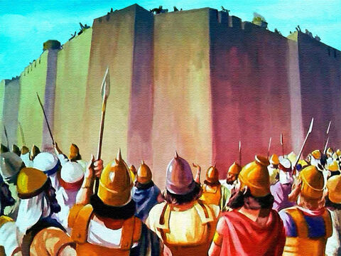 Pod koniec siódmego okrążenia, każdy człowiek zatrzymał się i stanął przed murami, które całkowicie otaczały miasto Jerycho. – Slajd 35