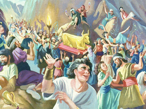 Gdy Mojżesz był na górze, ludzie na dole szybko zapomnieli o tym, co obiecali. Zaledwie kilka dni po tym, jak usłyszeli potężny głos Boga i zobaczyli Jego chwałę i moc, zwrócili się ponownie ku swoim niegodziwym i podstępnym drogom. – Slajd 40