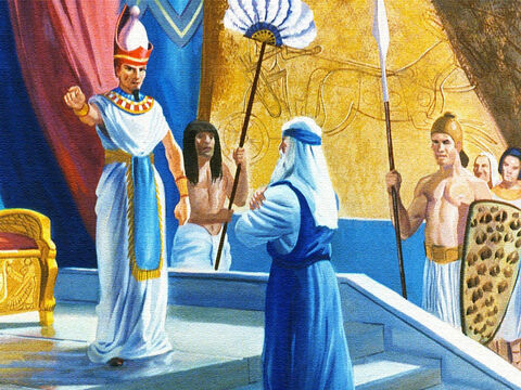 W końcu król miał dość. Wezwał Mojżesza i powiedział mu, żeby wziął Izraelitów i wyszedł z Egiptu. – Slajd 9