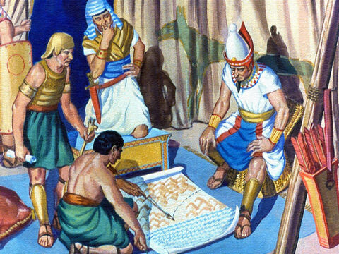 Kiedy szpiedzy powiedzieli faraonowi, że Izraelici zmienili kierunek podróży, król wyciągnął swoje mapy i zaczął badać sytuację. – Slajd 22