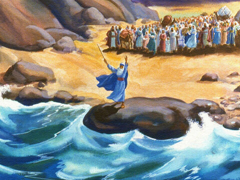 Gdy ludzie patrzyli, Mojżesz, ich przywódca, podszedł do brzegu Morza Czerwonego i zrobił coś, co Bóg kazał mu zrobić. Podniósł swoją laskę i wtedy zaczął wiać silny wiatr. – Slajd 34