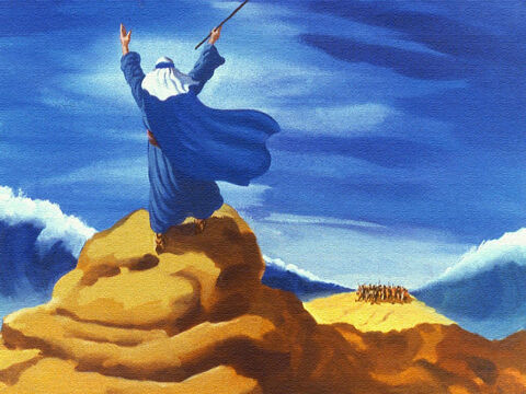 Ale już było za późno. Bóg powiedział Mojżeszowi, aby ponownie wyciągnął swoją laskę nad morzem. – Slajd 42