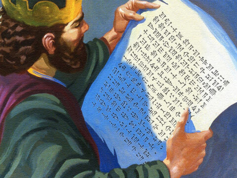 Król otworzył list polecający i zaczął czytać: „Wysłałem do ciebie Naamana, mojego sługę, abyś go wyleczył z trądu”. – Slajd 22