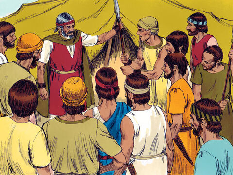 Mojżesz polecił młodemu przywódcy, Jozuemu, aby wybrał sobie odpowiednich, czyli silnych, młodych ludzi i już następnego dnia wyruszył do walki z Amalekitami. – Slajd 2
