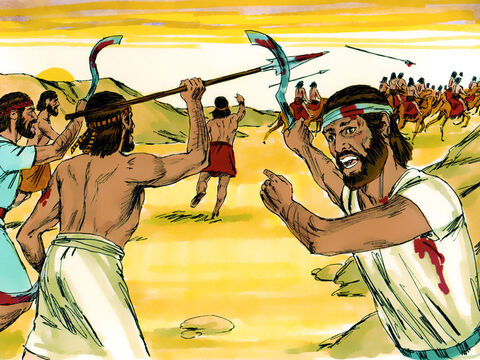 Jozue pokonał Amalekitów w ciągu jednego dnia, dlatego że ręce Mojżesza były wysoko uniesione. – Slajd 10