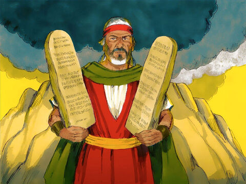 Mojżesz zabrał ze sobą tablice, na których Bóg wyrył Swoje przykazania i zaczął schodzić z góry. – Slajd 12