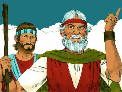 W połowie drogi Mojżesz spotkał Jozuego, który na niego czekał i powiedział: „Z obozu dochodzą odgłosy bitwy!”. „To nie są odgłosy zwycięstwa ani okrzyki porażki. Słyszę raczej śpiewy” – odpowiedział Mojżesz. – Slajd 13