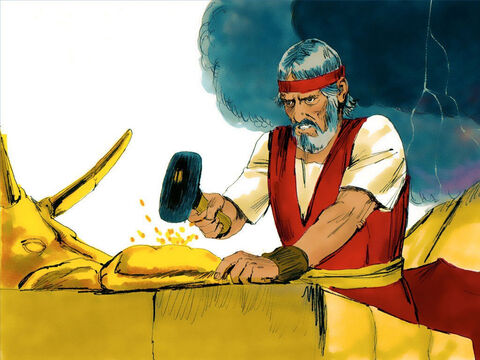 Potem wziął cielca, spalił go w ogniu, starł na proch, który wsypał do wody i zmusił Izraelitów, aby to wypili. – Slajd 15