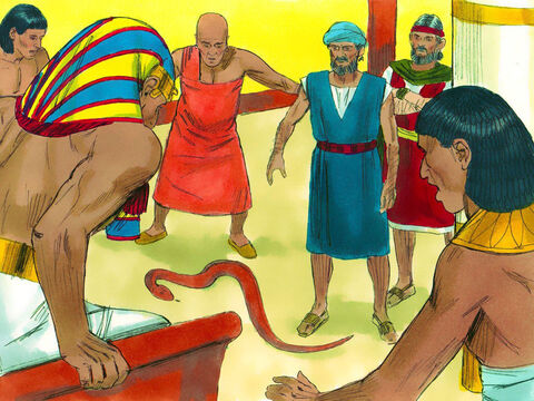 Kiedy przyszli do faraona, pokazali mu pewne znaki. Aaron rzucił swoją laskę na ziemię, a ta zamieniła się w węża. Wtedy faraon wezwał swoich mędrców i czarowników, i oni dokonali tego samego – każdy rzucił swoją laskę i każda zamieniła się w węża. – Slajd 12