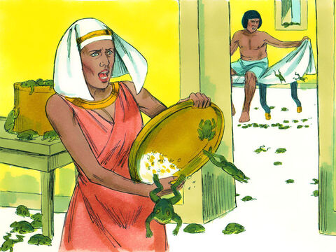 Kiedy żaby pokryły całą ziemię egipską, faraon wezwał Mojżesza i Aarona. – Slajd 6