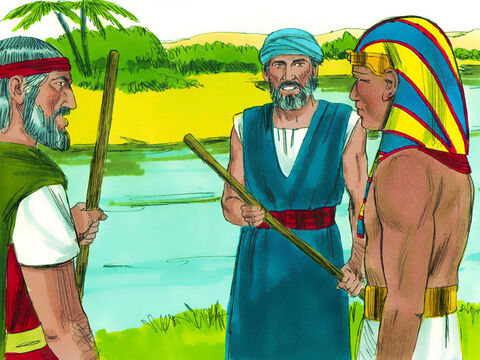 Wczesnym rankiem Mojżesz i Aaron poszli nad rzekę, aby obwieścić faraonowi Boże plany. Pan miał zesłać chmary much na cały Egipt. Jedynie ziemia Goszen miała być wyróżniona. Tam nie będzie much, gdyż tam mieszkają Izraelici. – Slajd 12