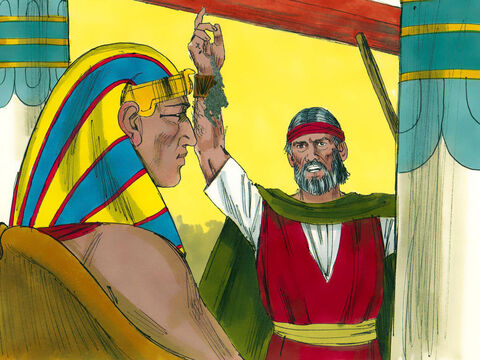 Potem Mojżesz wziął pełne garście sadzy z pieca i rzucił ją ku niebu na oczach faraona. Sadza zamieniła się w pył, który osiadł na całym Egipcie i natychmiast wszyscy ludzie i zwierzęta pokryli się wrzodami i pryszczami.<br/> – Slajd 20