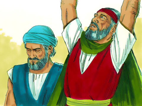 Mojżesz wyszedł z miasta, gdzie przebywał faraon i wyciągnął swoje ręce do Boga. Wtedy ustały gromy i grad. – Slajd 27