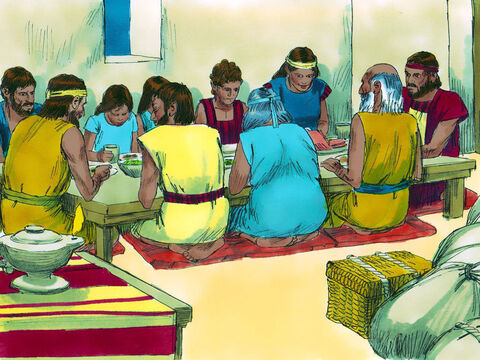Tego wieczoru lud Boży przygotowywał się do opuszczenia Egiptu. Włożyli sandały, upięli pasy, do ręki wzięli laski, a potem zasiedli do kolacji. Posiłek ten nazwano później Paschą (słowo „pascha” oznacza przejście – Bóg przeszedł obok domów Izraelskich, ominął je). – Slajd 16