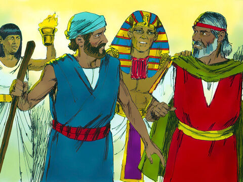 Jeszcze tej nocy władca egipski wezwał Mojżesza i Aarona i powiedział im: „Wstawajcie! Wychodźcie spośród mojego ludu i idźcie służyć waszemu Bogu! Zabierzcie ze sobą swoje bydło. Pobłogosławcie mnie jednak przed tym!”. – Slajd 20