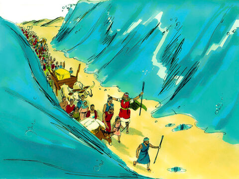 Izraelici ruszyli środkiem morza, a wody stały murem po obu ich stronach. – Slajd 15