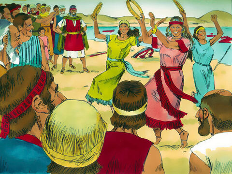 Także siostra Mojżesza i Aarona – prorokini Miriam oraz pozostałe kobiety wzięły do ręki bębenki i zaczęły wielbić Boga tańcem. – Slajd 21