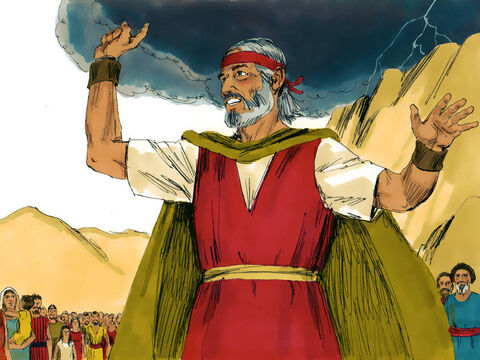 Mojżesz zszedł w dół i ostrzegł wszystkich, aby nie zbliżali się do góry, bo jest ona święta. Potem wraz z Aaronem powrócili na jej szczyt. – Slajd 14