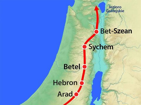 Potem udali się jeszcze na północ, gdzie mieszkali Chittyci, Jebusyci i Amoryci, obeszli Jezioro Galilejskie i przekroczyli rzekę Jordan, spotykając tam Kananejczyków. – Slajd 7