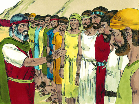 Mojżesz wybrał jednego lidera z każdego plemienia. Imiona tych mężczyzn to: Szammua, Szafat, Kaleb, Jigael, Jozue, Palti, Gaddiel, Gaddi, Ammiel, Setur, Nachbi i Geuel. – Slajd 3