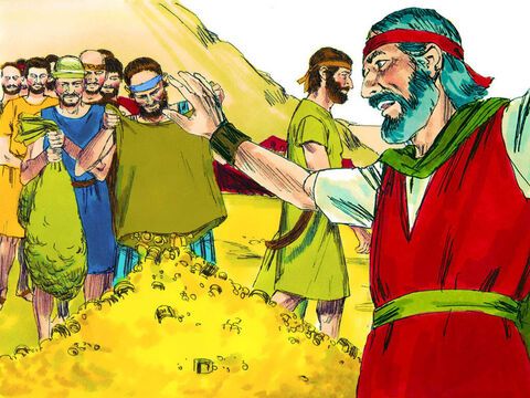 Każdego ranka ludzie przynosili swoje dary. Wkrótce było tego więcej niż potrzeba i Mojżesz zakończył zbiórkę.<br/> – Slajd 9