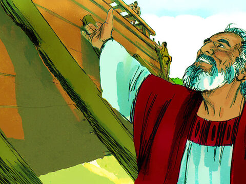 Noe natychmiast zabrał się do pracy i zaczął budować łódź w kształcie skrzyni. – Slajd 6