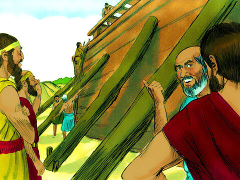 Źli ludzie dziwili się temu, co robili Noe i jego synowie. – Slajd 7