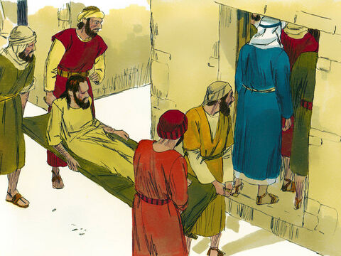 Wtedy czterech mężczyzn przyniosło sparaliżowanego, aby Jezus go uzdrowił. Jednak w środku był taki tłum, że nie mogli się przecisnąć i dostać do Niego. – Slajd 2